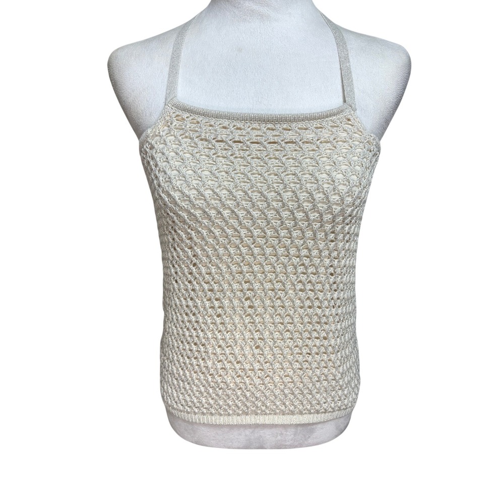 Garage Halter Top Cream Silver Metallic Crochet Open Knit Y2K Boho Festival M